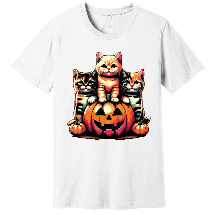 Vintage 90s Cats Kittens Pumpkin Halloween Spooky Season Premium T-Shirt