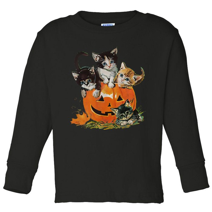 Vintage 90s Cat Pumpkin Halloween Retro Floral Spooky Season Gift Toddler Long Sleeve Shirt