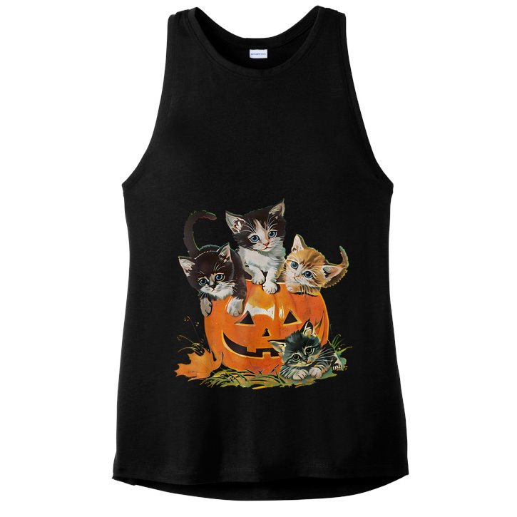 Vintage 90s Cat Pumpkin Halloween Retro Floral Spooky Season Gift Ladies PosiCharge Tri-Blend Wicking Tank