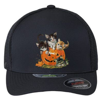 Vintage 90s Cat Pumpkin Halloween Retro Floral Spooky Season Gift Flexfit Unipanel Trucker Cap