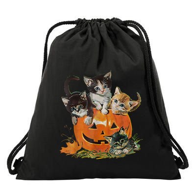 Vintage 90s Cat Pumpkin Halloween Retro Floral Spooky Season Gift Drawstring Bag