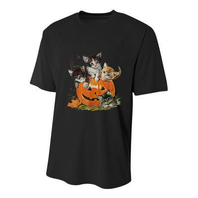 Vintage 90s Cat Pumpkin Halloween Retro Floral Spooky Season Gift Youth Performance Sprint T-Shirt