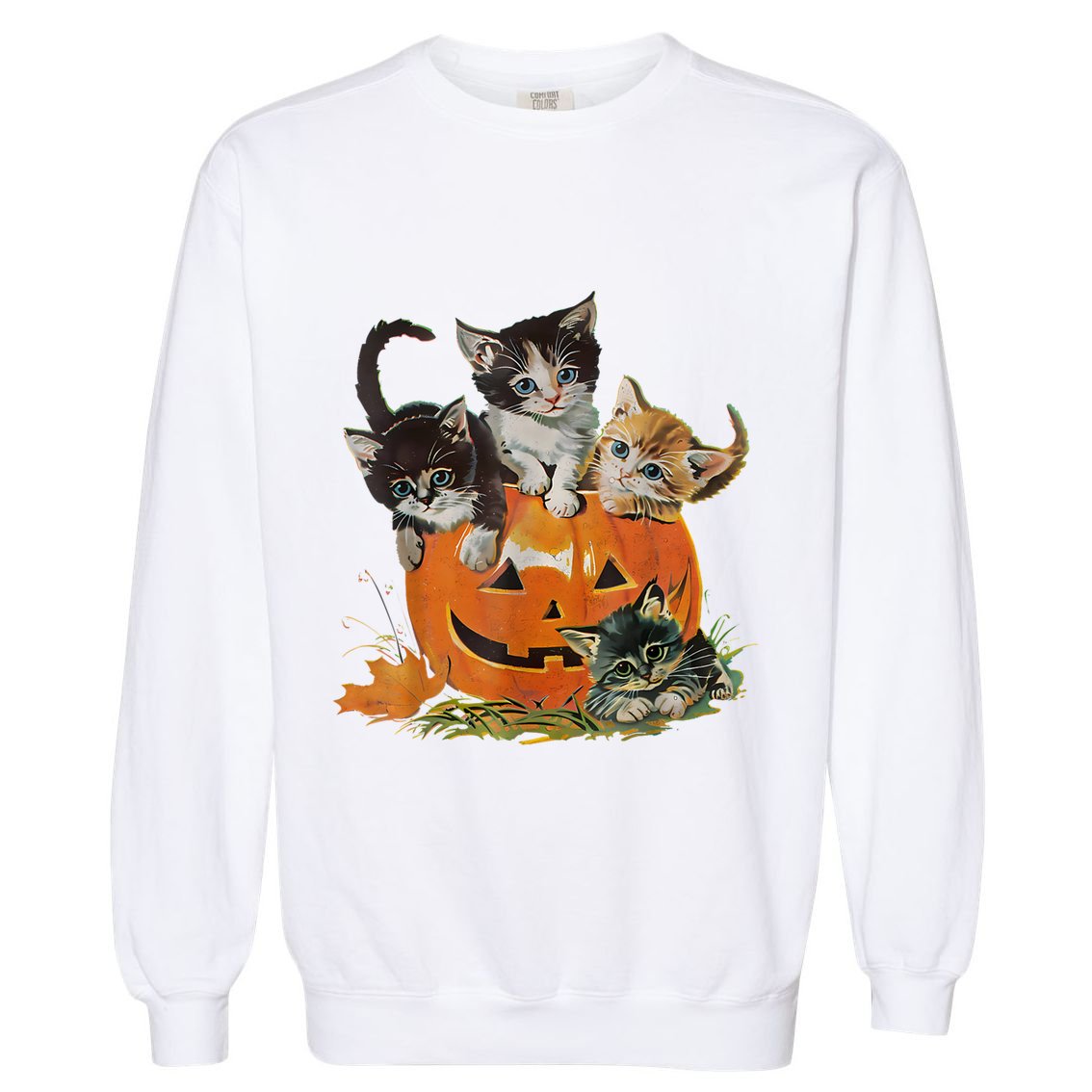 Vintage 90s Cat Pumpkin Halloween Retro Floral Spooky Season Gift Garment-Dyed Sweatshirt