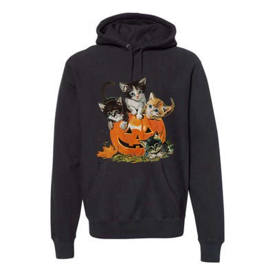 Vintage 90s Cat Pumpkin Halloween Retro Floral Spooky Season Premium Hoodie