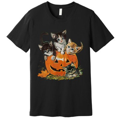 Vintage 90s Cat Pumpkin Halloween Retro Floral Spooky Season Premium T-Shirt