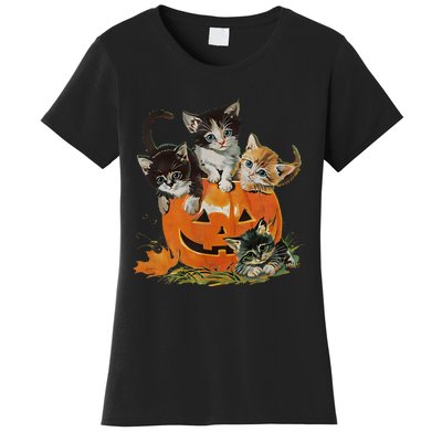 Vintage 90s Cat Pumpkin Halloween Retro Floral Spooky Season Women's T-Shirt