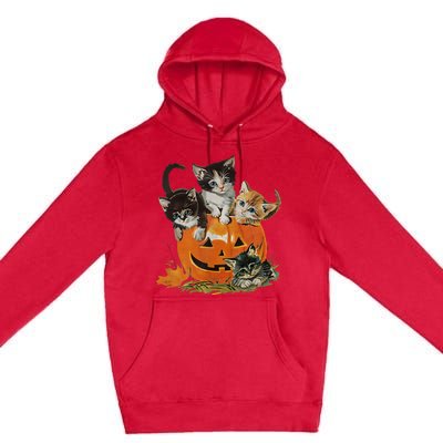 Vintage 90s Cat Pumpkin Halloween Retro Floral Spooky Season Premium Pullover Hoodie