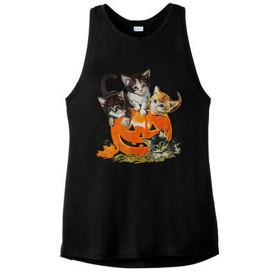 Vintage 90s Cat Pumpkin Halloween Retro Floral Spooky Season Ladies PosiCharge Tri-Blend Wicking Tank