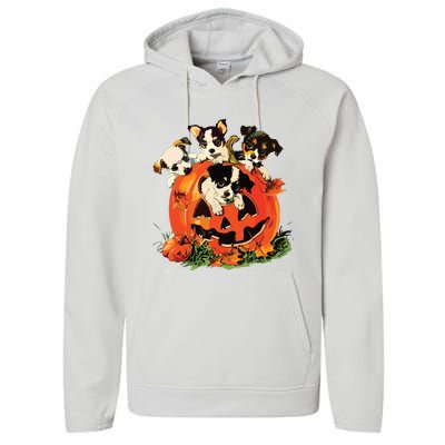 Vintage 90s Dog Retro Pumpkin Puppies Halloween Dog Lovers Performance Fleece Hoodie