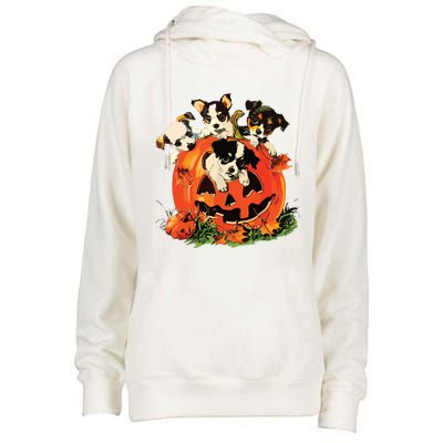 Vintage 90s Dog Retro Pumpkin Puppies Halloween Dog Lovers Womens Funnel Neck Pullover Hood