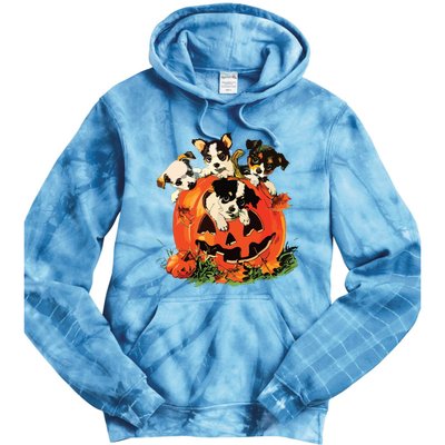 Vintage 90s Dog Retro Pumpkin Puppies Halloween Dog Lovers Tie Dye Hoodie