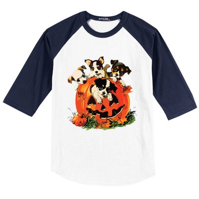 Vintage 90s Dog Retro Pumpkin Puppies Halloween Dog Lovers Baseball Sleeve Shirt