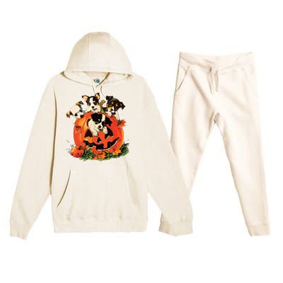 Vintage 90s Dog Retro Pumpkin Puppies Halloween Dog Lovers Premium Hooded Sweatsuit Set