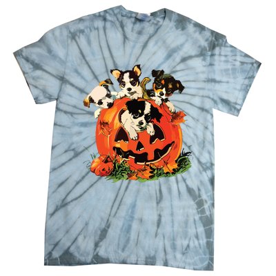 Vintage 90s Dog Retro Pumpkin Puppies Halloween Dog Lovers Tie-Dye T-Shirt