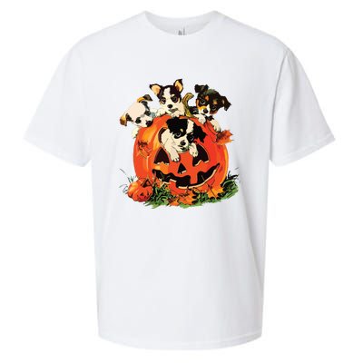 Vintage 90s Dog Retro Pumpkin Puppies Halloween Dog Lovers Sueded Cloud Jersey T-Shirt