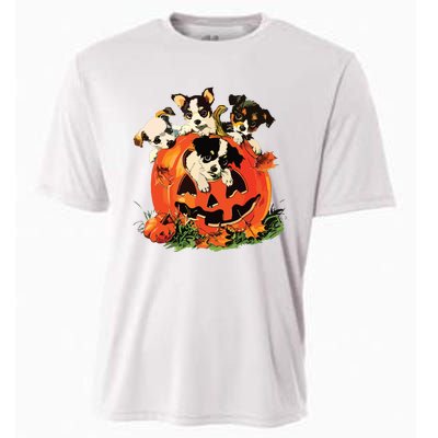 Vintage 90s Dog Retro Pumpkin Puppies Halloween Dog Lovers Cooling Performance Crew T-Shirt