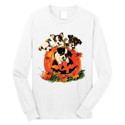 Vintage 90s Dog Retro Pumpkin Puppies Halloween Dog Lovers Long Sleeve Shirt