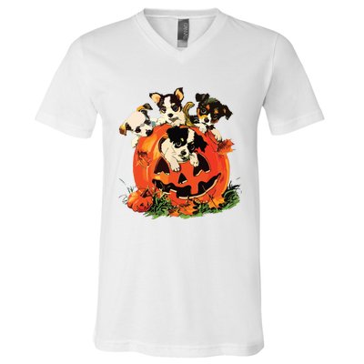 Vintage 90s Dog Retro Pumpkin Puppies Halloween Dog Lovers V-Neck T-Shirt