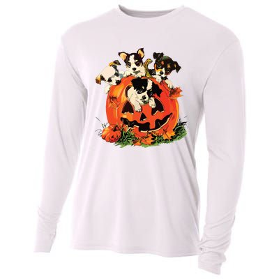 Vintage 90s Dog Retro Pumpkin Puppies Halloween Dog Lovers Cooling Performance Long Sleeve Crew