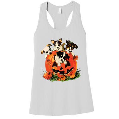 Vintage 90s Dog Retro Pumpkin Puppies Halloween Dog Lovers Women's Racerback Tank