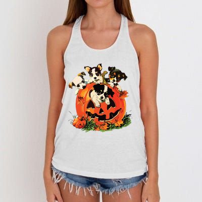 Vintage 90s Dog Retro Pumpkin Puppies Halloween Dog Lovers Women's Knotted Racerback Tank