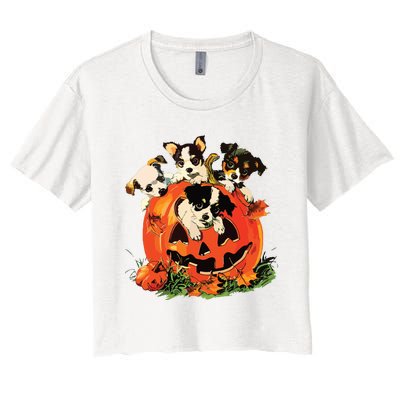 Vintage 90s Dog Retro Pumpkin Puppies Halloween Dog Lovers Women's Crop Top Tee