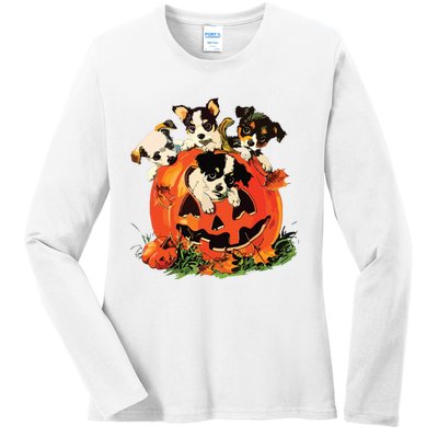 Vintage 90s Dog Retro Pumpkin Puppies Halloween Dog Lovers Ladies Long Sleeve Shirt