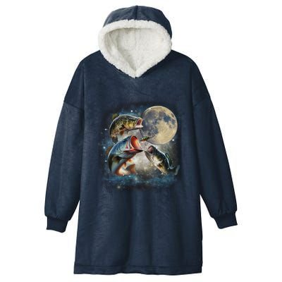 Vintage 90s Largemouth Bass Retro Fisherman Fish And Moon Hooded Wearable Blanket