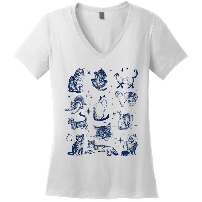 Vintage 90s Tattoo Cat Retro Kitten Nature Women's V-Neck T-Shirt