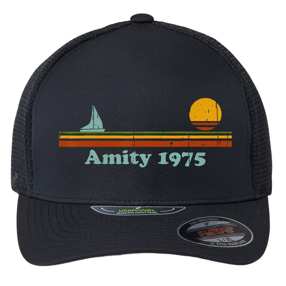 Vintage Amity 1975 Sunset Retro Sailboat Sunrise Summer Flexfit Unipanel Trucker Cap