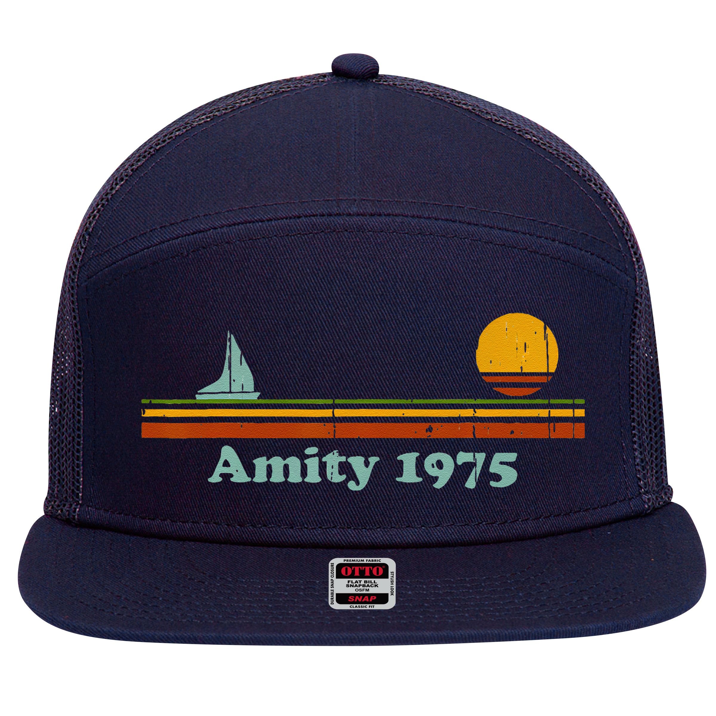 Vintage Amity 1975 Sunset Retro Sailboat Sunrise Summer 7 Panel Mesh Trucker Snapback Hat