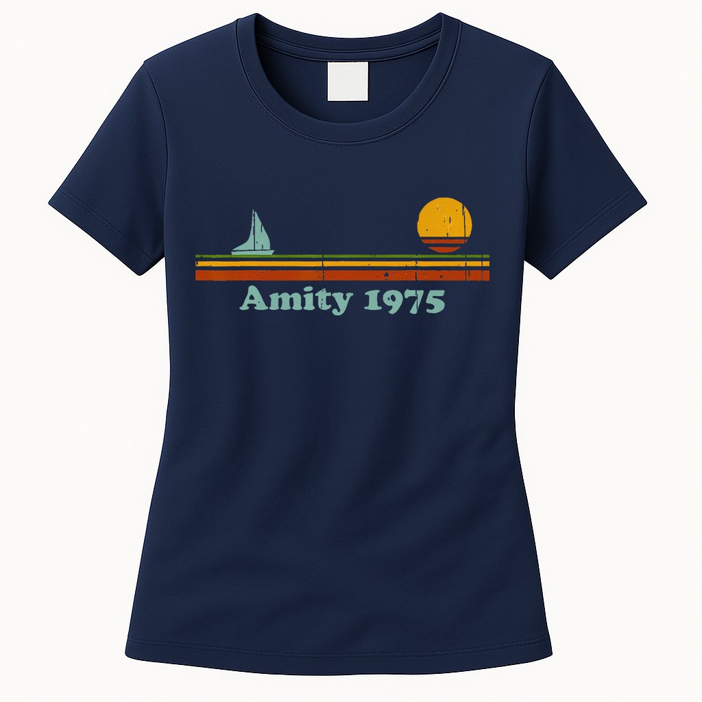 Vintage Amity 1975 Sunset Retro Sailboat Sunrise Summer Womens T-Shirt