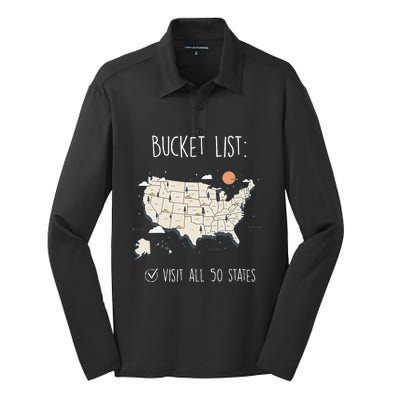 Visit All 50 States Usa Travel Map Mission Accomplished Silk Touch Performance Long Sleeve Polo