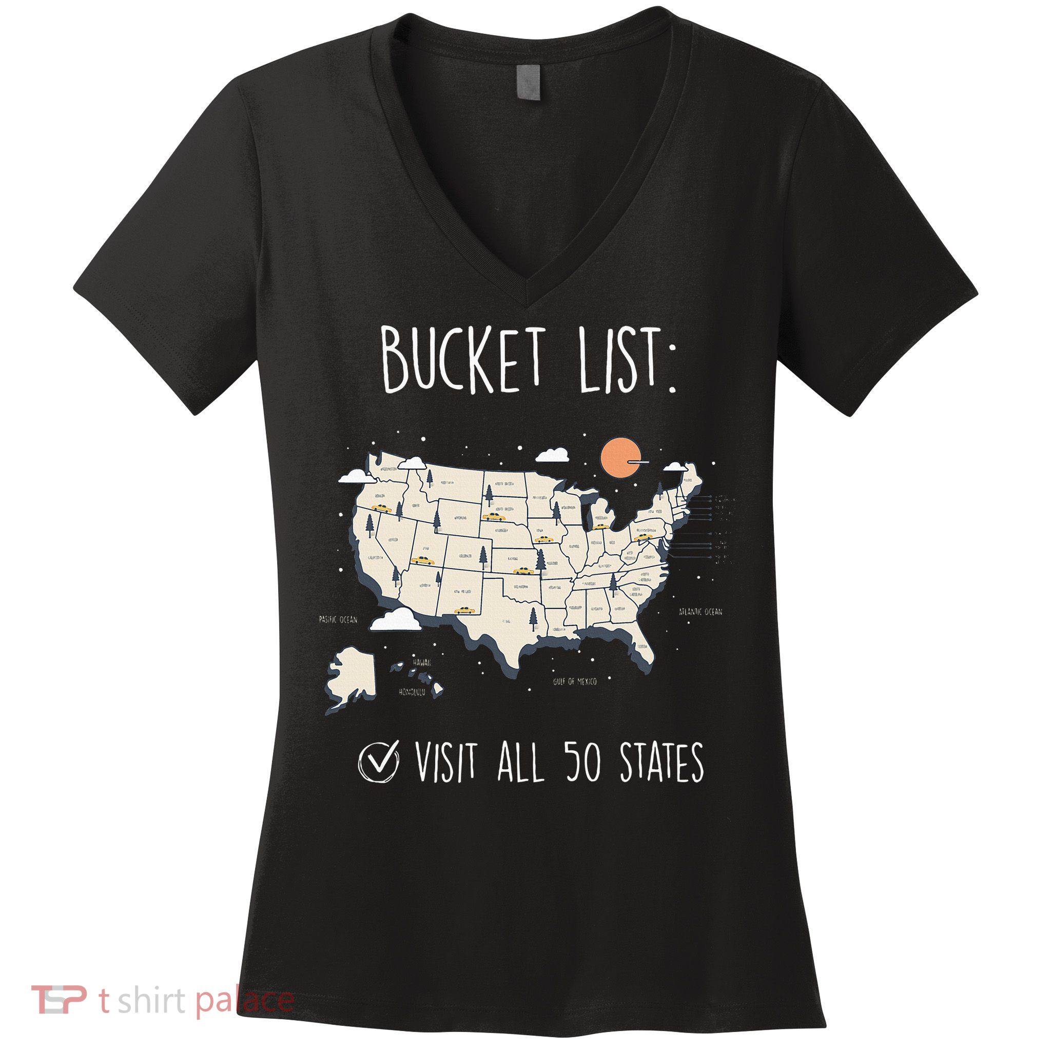 Visit All 50 States Usa Travel Map Mission Accomplished Women's V-Neck T-Shirt