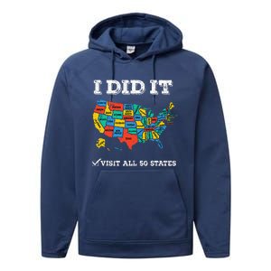 Visited All 50 States Usa Map For Travel Champion Lover Performance Fleece Hoodie