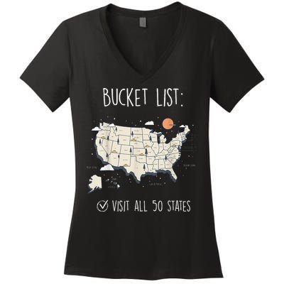 Visit All 50 States Usa Travel Map Mission Accomplished Women's V-Neck T-Shirt
