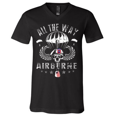 Vintage Army 82nd Airborne All The Way Skull Maroon Beret V-Neck T-Shirt