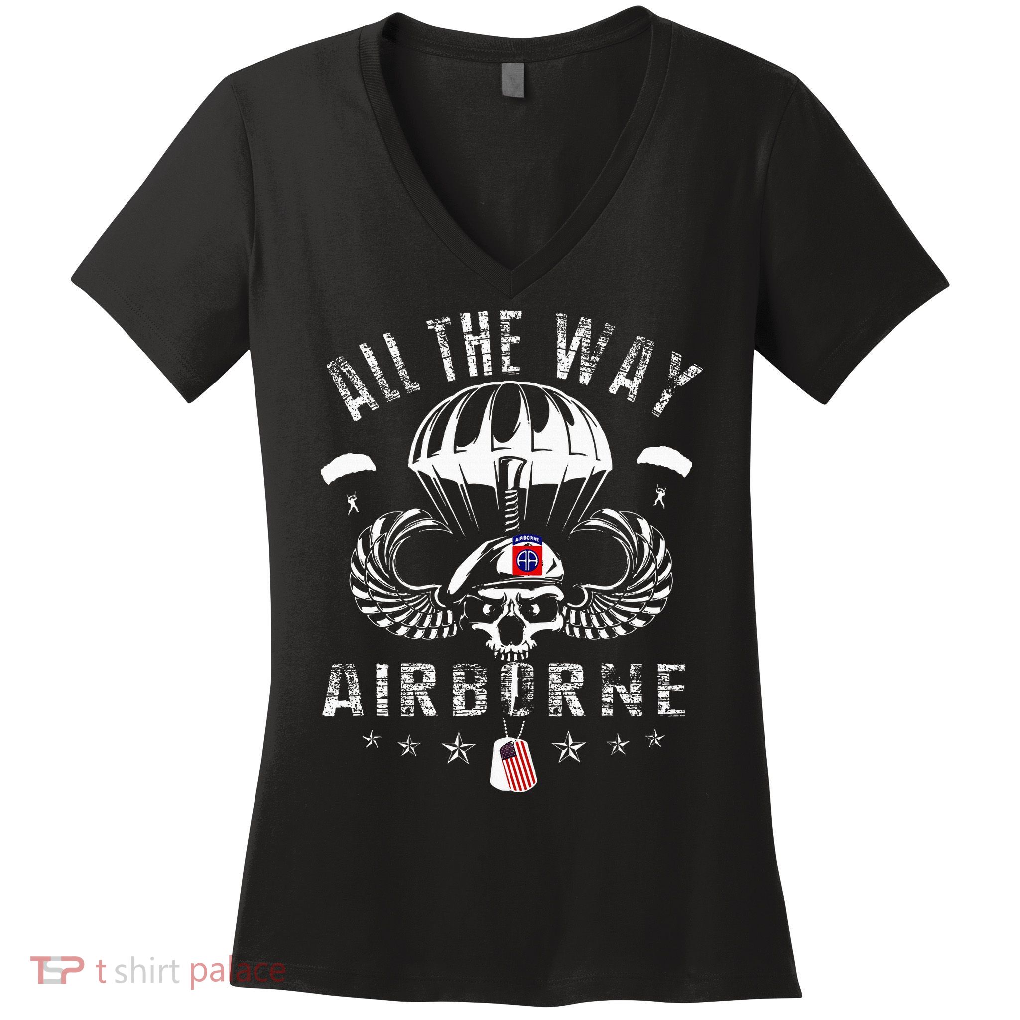 Vintage Army 82nd Airborne All The Way Skull Maroon Beret Women's V-Neck T-Shirt