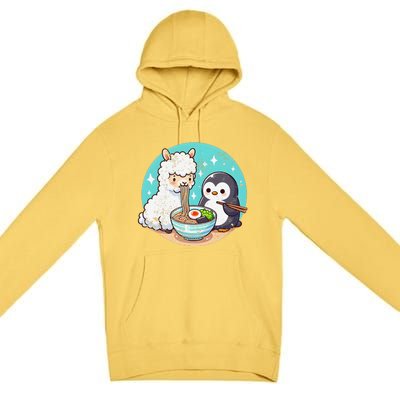 Vintage Alpaca And Penguin Sharing Ramen Premium Pullover Hoodie