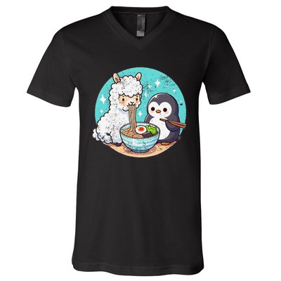 Vintage Alpaca And Penguin Sharing Ramen V-Neck T-Shirt