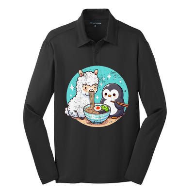 Vintage Alpaca And Penguin Sharing Ramen Silk Touch Performance Long Sleeve Polo