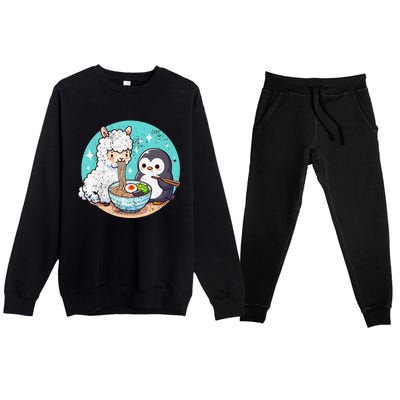 Vintage Alpaca And Penguin Sharing Ramen Premium Crewneck Sweatsuit Set