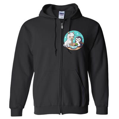 Vintage Alpaca And Penguin Sharing Ramen Full Zip Hoodie