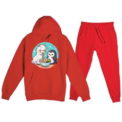 Vintage Alpaca And Penguin Sharing Ramen Premium Hooded Sweatsuit Set