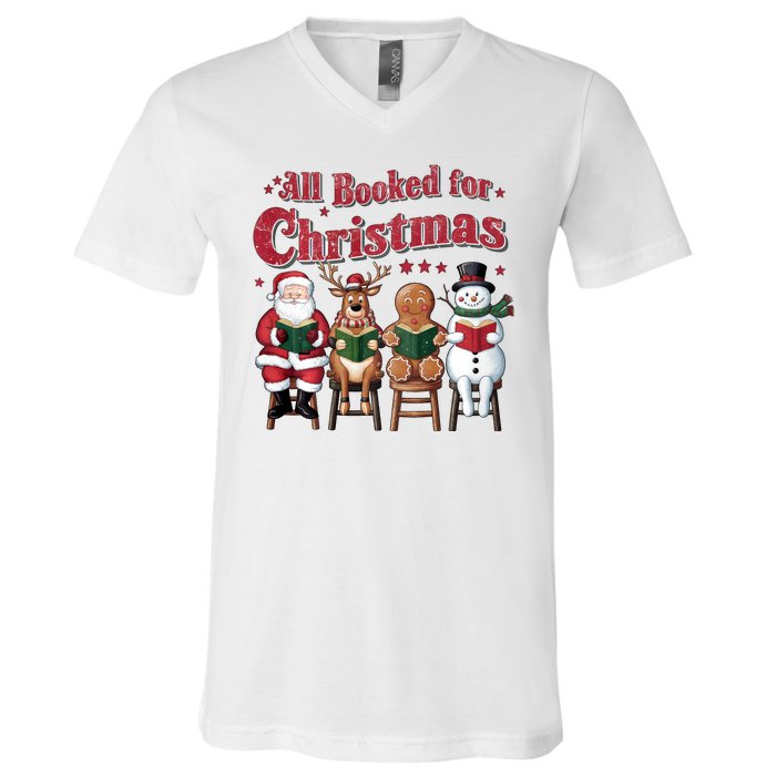 Vintage All Booked For Christmas Book Lover Library Teachers V-Neck T-Shirt