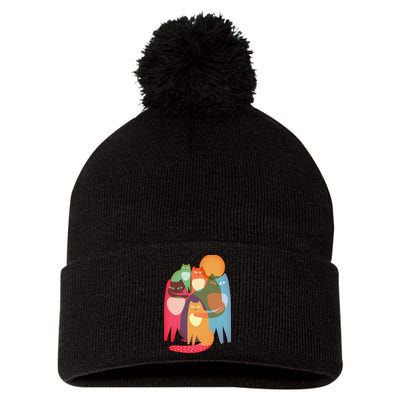 Vintage Abstract Boho Cat Pattern Pom Pom 12in Knit Beanie