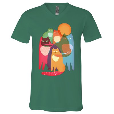 Vintage Abstract Boho Cat Pattern V-Neck T-Shirt