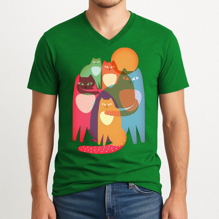 Vintage Abstract Boho Cat Pattern V-Neck T-Shirt