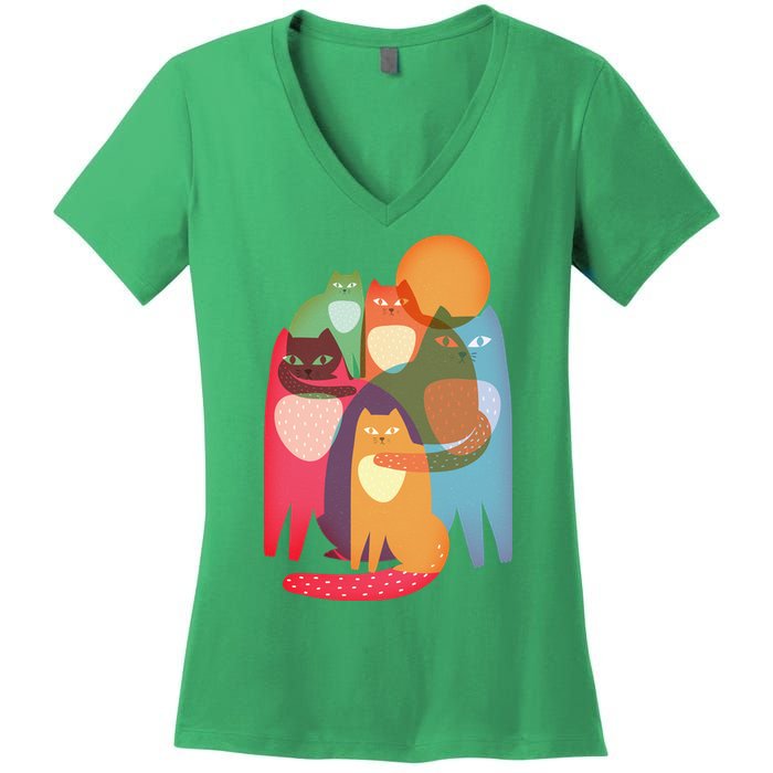 Vintage Abstract Boho Cat Pattern Women's V-Neck T-Shirt