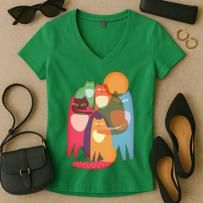 Vintage Abstract Boho Cat Pattern Women's V-Neck T-Shirt